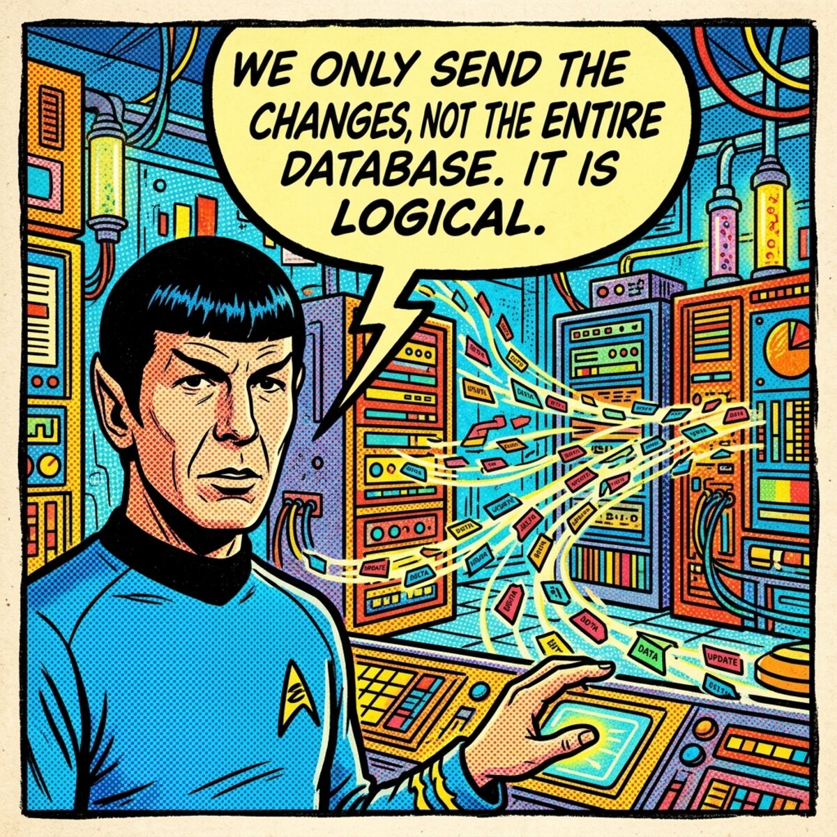Illustration of a delta update pushing only a changed record between two linked servers, styled as a technical diagram