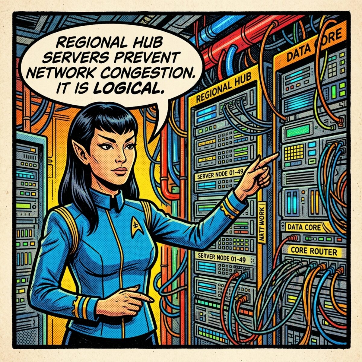 Illustration of a hub-and-spoke network topology relaying signals between distant regions