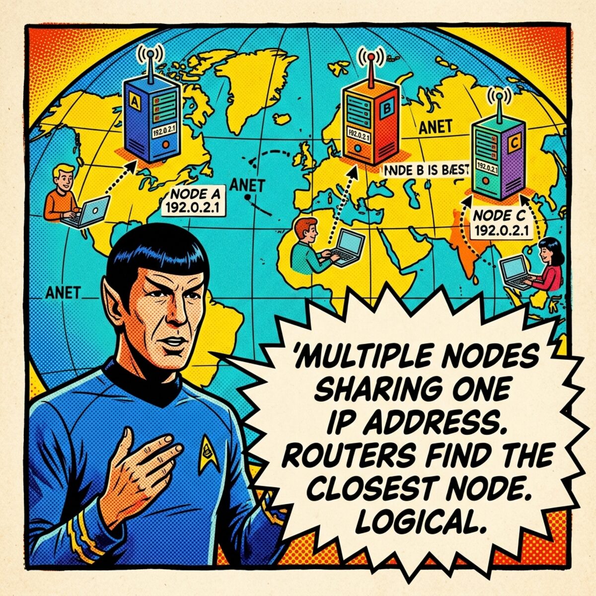 Illustration of the same IP address announced from three regional points of presence, converging resolver traffic to the nearest one